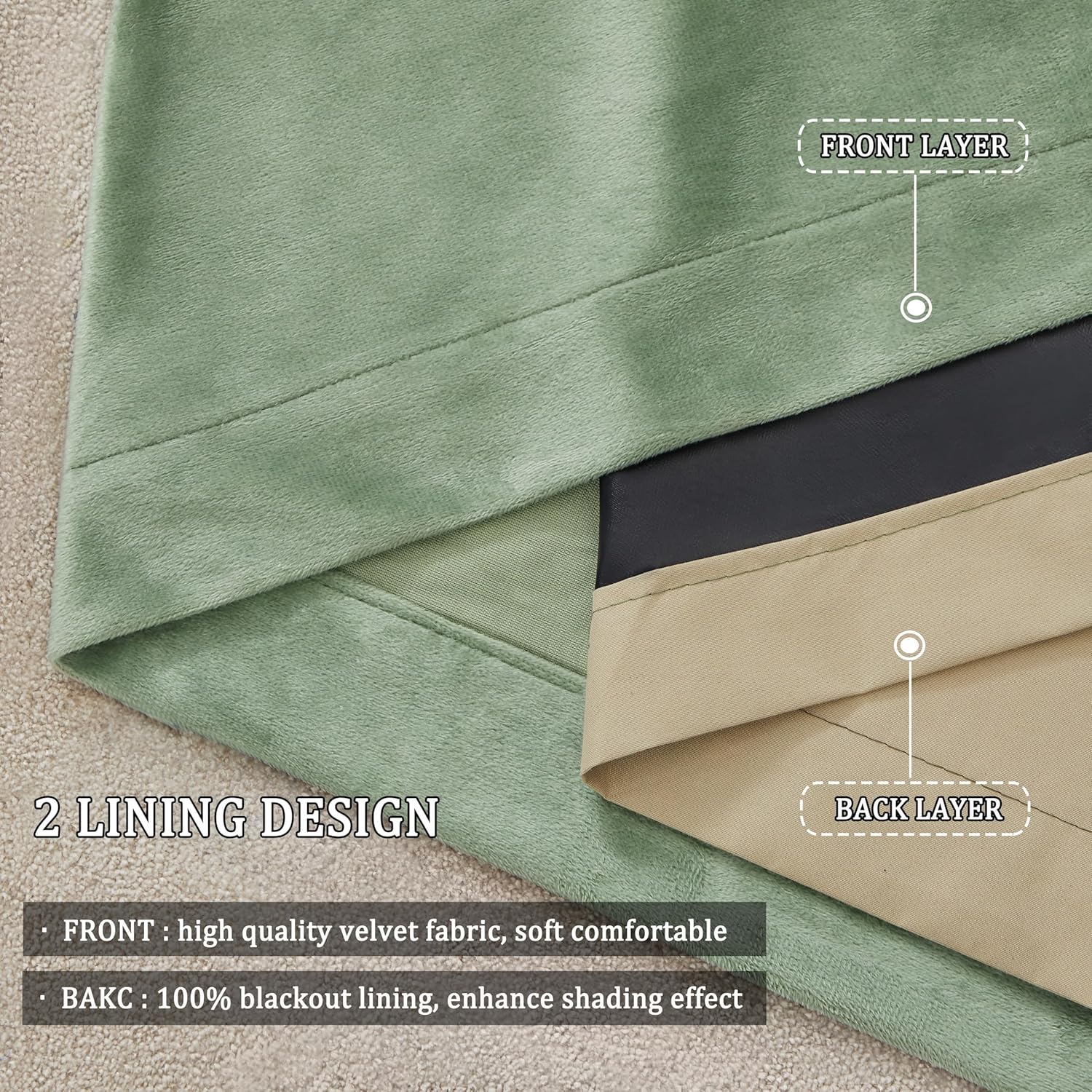 GIGIZAZA 100% Blackout Sage Green Velvet Curtains 108 Inch Long 2 Panels for Living Room, Thermal Window Drapes Lining Insulated Luxury Curtain for Darkening Bedroom