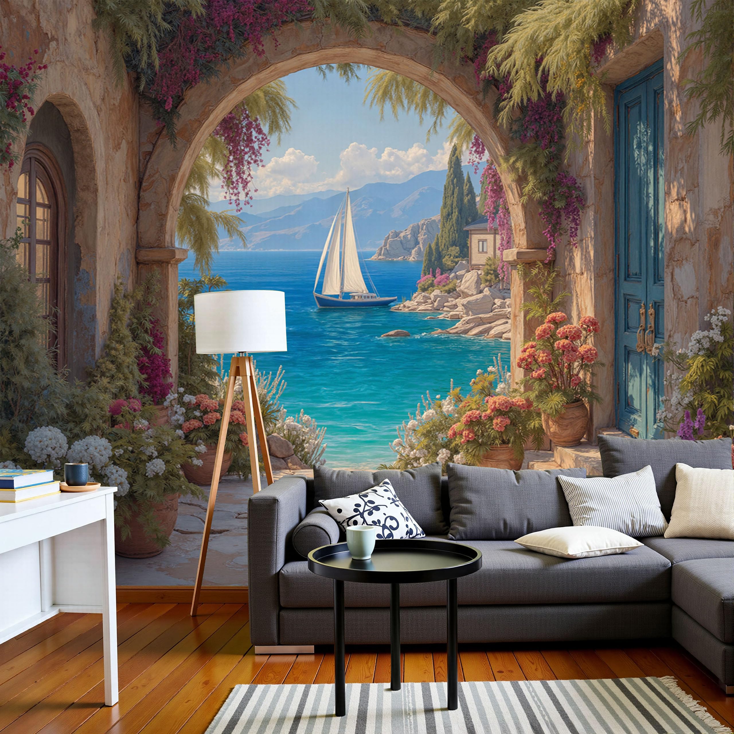 Papier peint panoramique 3D paysage bord de mer beige et grand poster mural vintage