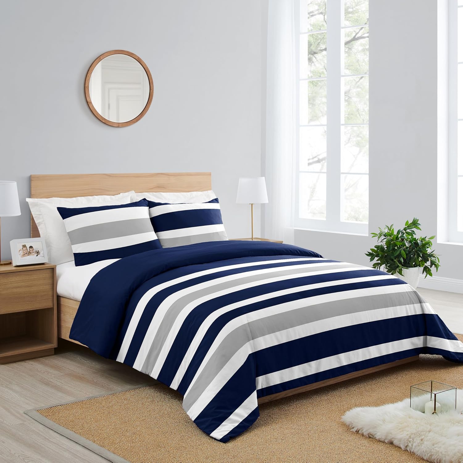 Sweet Jojo Designs 3-Piece Duvet Cover Queen Size (Navy Blue and Grey Stripe) for Boys, Teen, Kids Full Size Bedding, Bed in a Bag incl. Duvet Case & Pillow Shams (Modern, Striped, Classic Stripes)