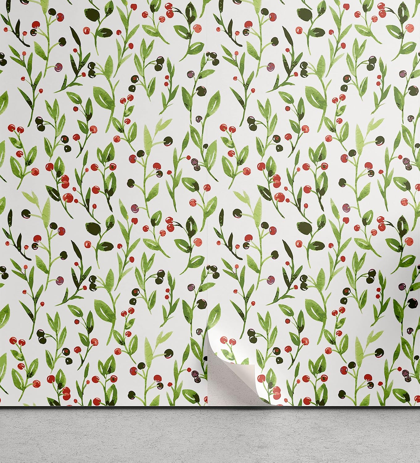 Lunarable Floral Peel & Stick Wallpaper for Home, Watercolor Cherry Bloom Branches Leaf Field Fruit Print, Self-Adhesive Living Room Kitchen Accent, 13" x 36", Lime and Fern Green Red