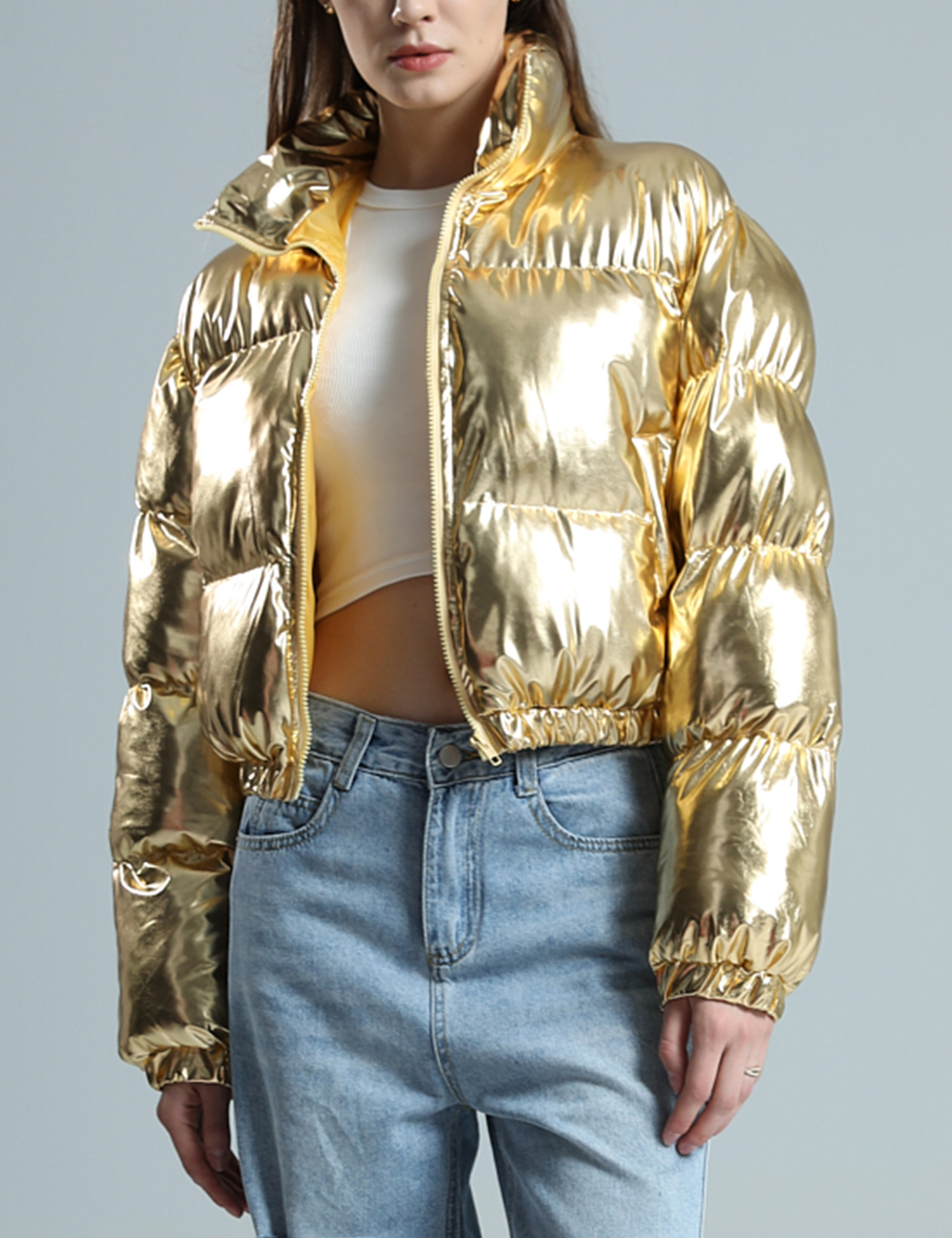 Wyeysyt Women's Metallic Y2K Cropped Puffer Jacket Quilted Shiny
