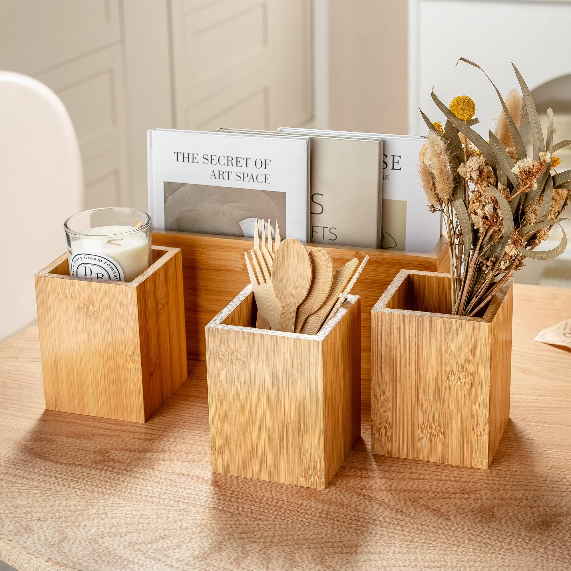 PTSTING Organizador de cubiertos de madera, dispensador de platos de papel, organizador de cubiertos para cucharas, tenedores, platos, servilletas