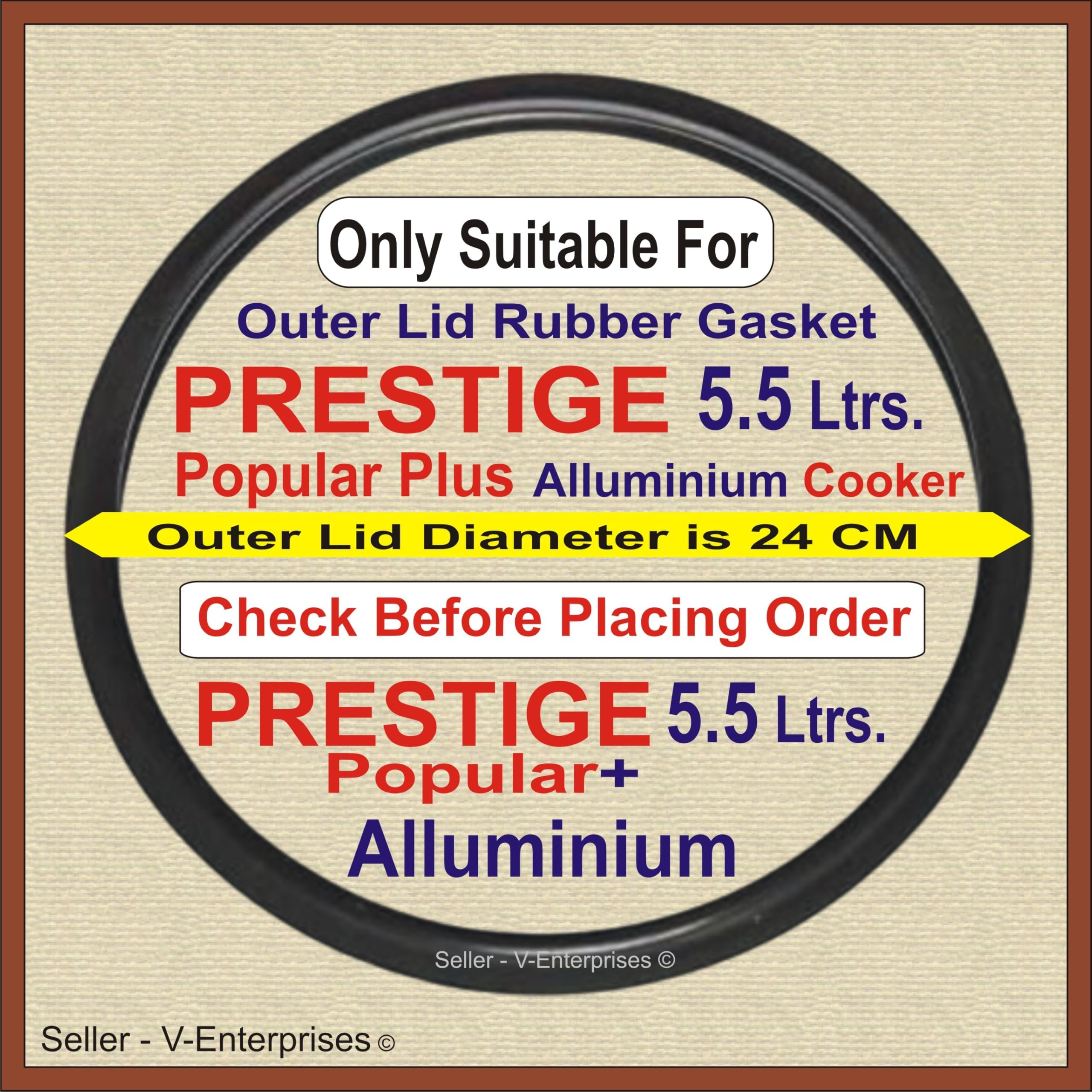 Outer Lid Rubber Gasket compatible for 5.5 Liters PRESTIGE Popular Plus Alluminium Pressure Cooker. Outer side Dimeter is 24 cm (Pack of 1) (Black Color)