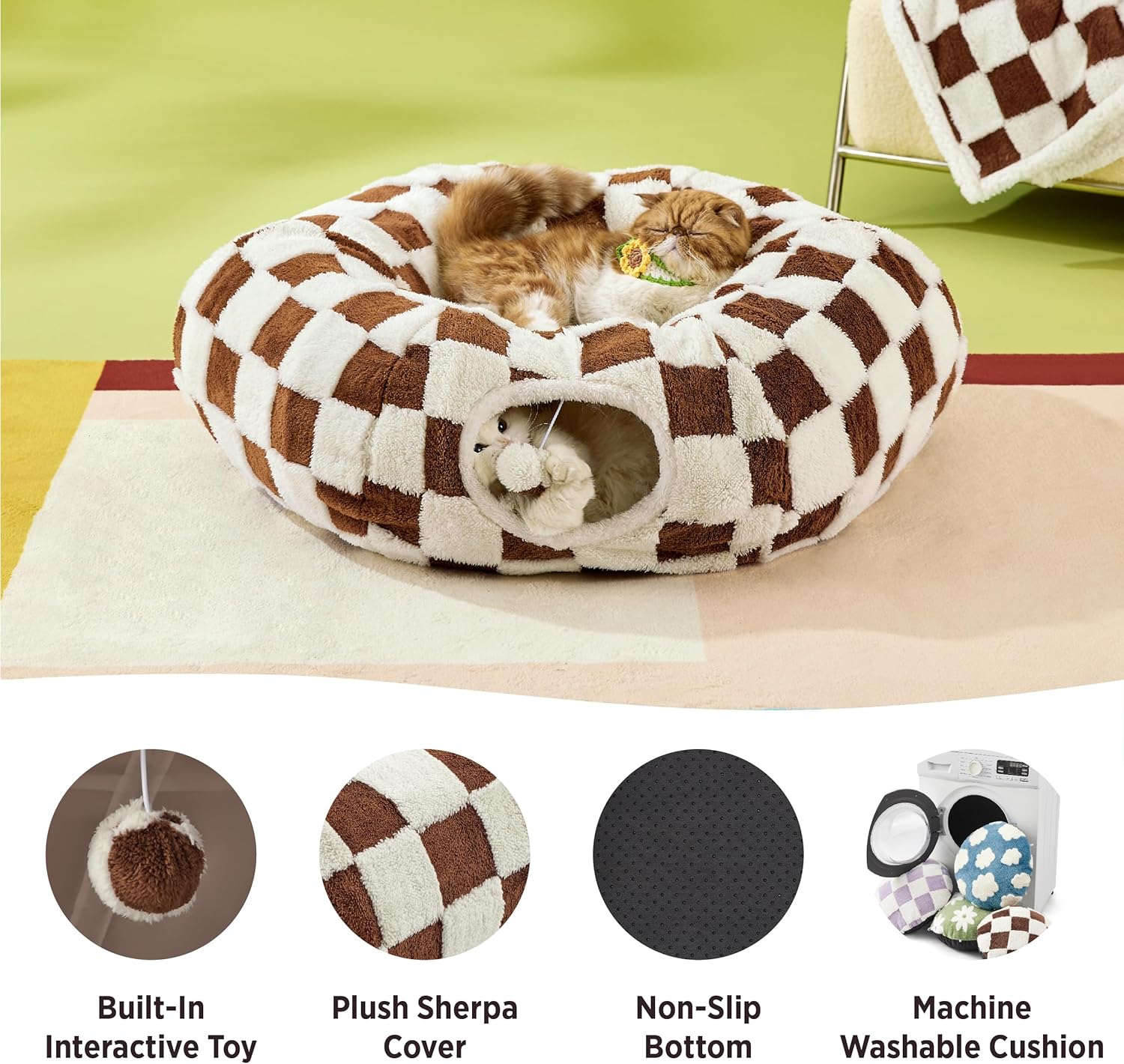 Lesure Large Cat Tunnel Bed - Cute Donut Bed for Indoor Cats with Washable Circle Cushion, Round Pet Peekaboo Cave Toy for Multi Kitten/Puppy/Rabbit, Large Brown Checks
