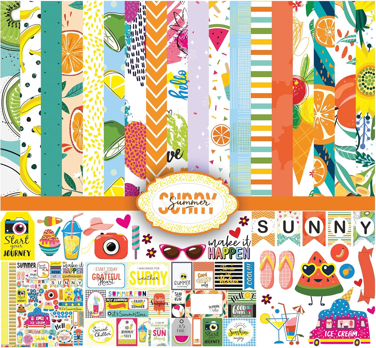 Inkdotpot Summer Fruit Theme Collection Double-Sided Scrapbook Paper Kit Cardstock 12"x12" Card Making Paper Pack with Sticker Sheet - 16 Pages - Multicolor