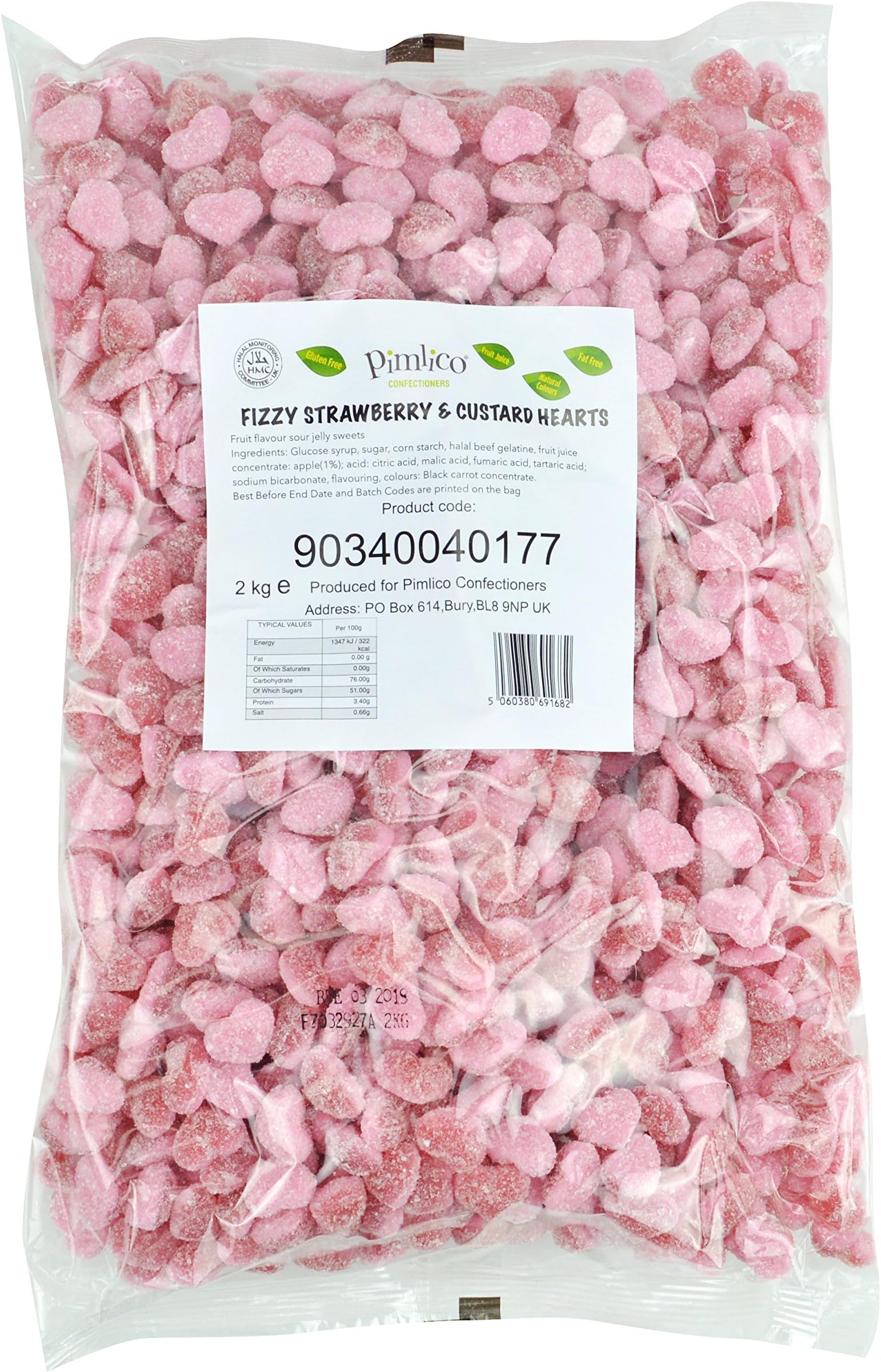Pimlico Confectioners Fizzy Strawberry Custard Heart Jelly Sweets - natural colours - fruit juice added - HMC UK Halal - 2kg bulk bag