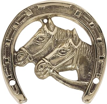 Brass Two Horse Heads Horseshoe for Good Luck Prosperity Antique Style Home Farmhouse Decor