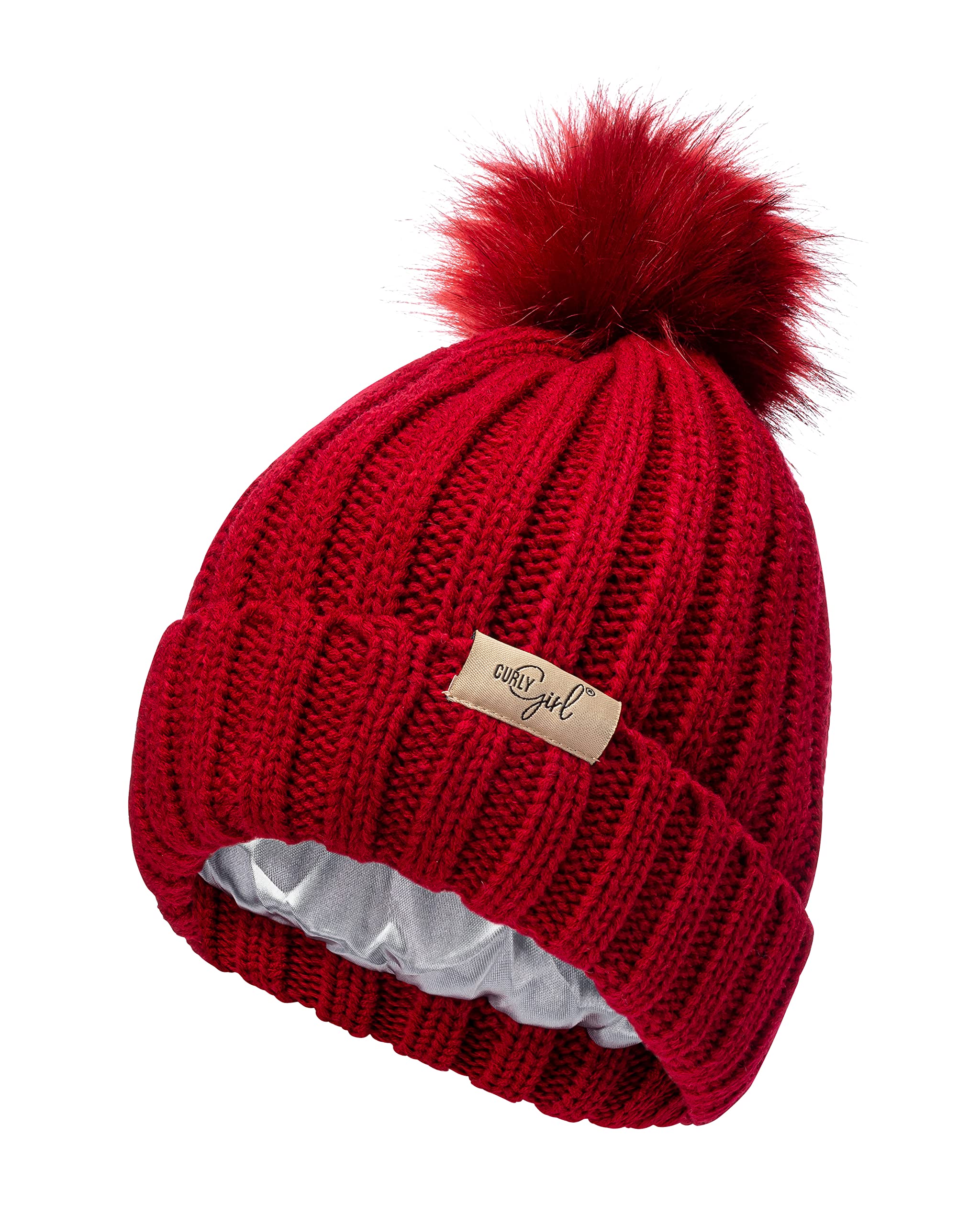Curly Girl Method Approved Satin Lined Beanie for Women with Pom, Winter Hat for Natural Curls, Curly Hair and Frizz Control