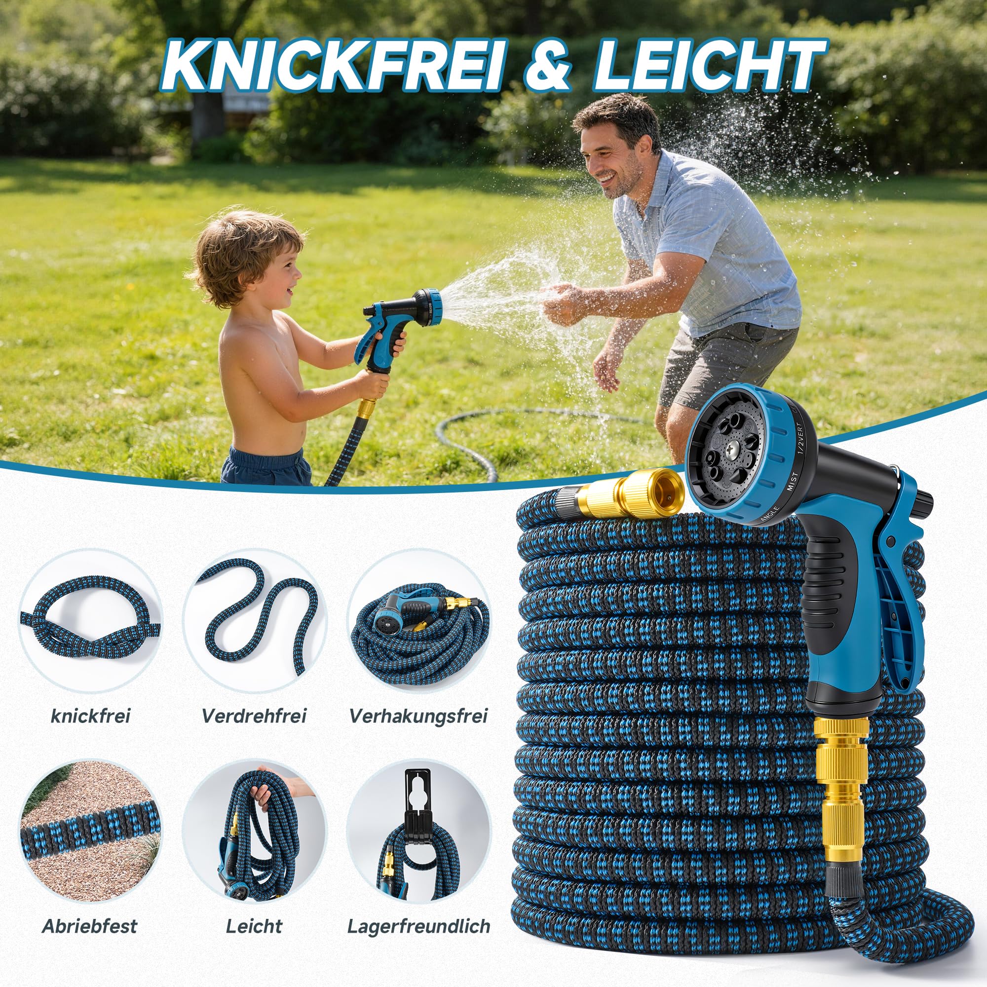 Flexibler Gartenschlauch 22,5 m (75 ft) mit 10-Funktions-Gartenbrause, 3/4"- und 1/2"-Anschlüsse, dehnbarer Wasserschlauch, auslaufsicher, knickfrei, für Garten, Autowäsche und Haustierbaden