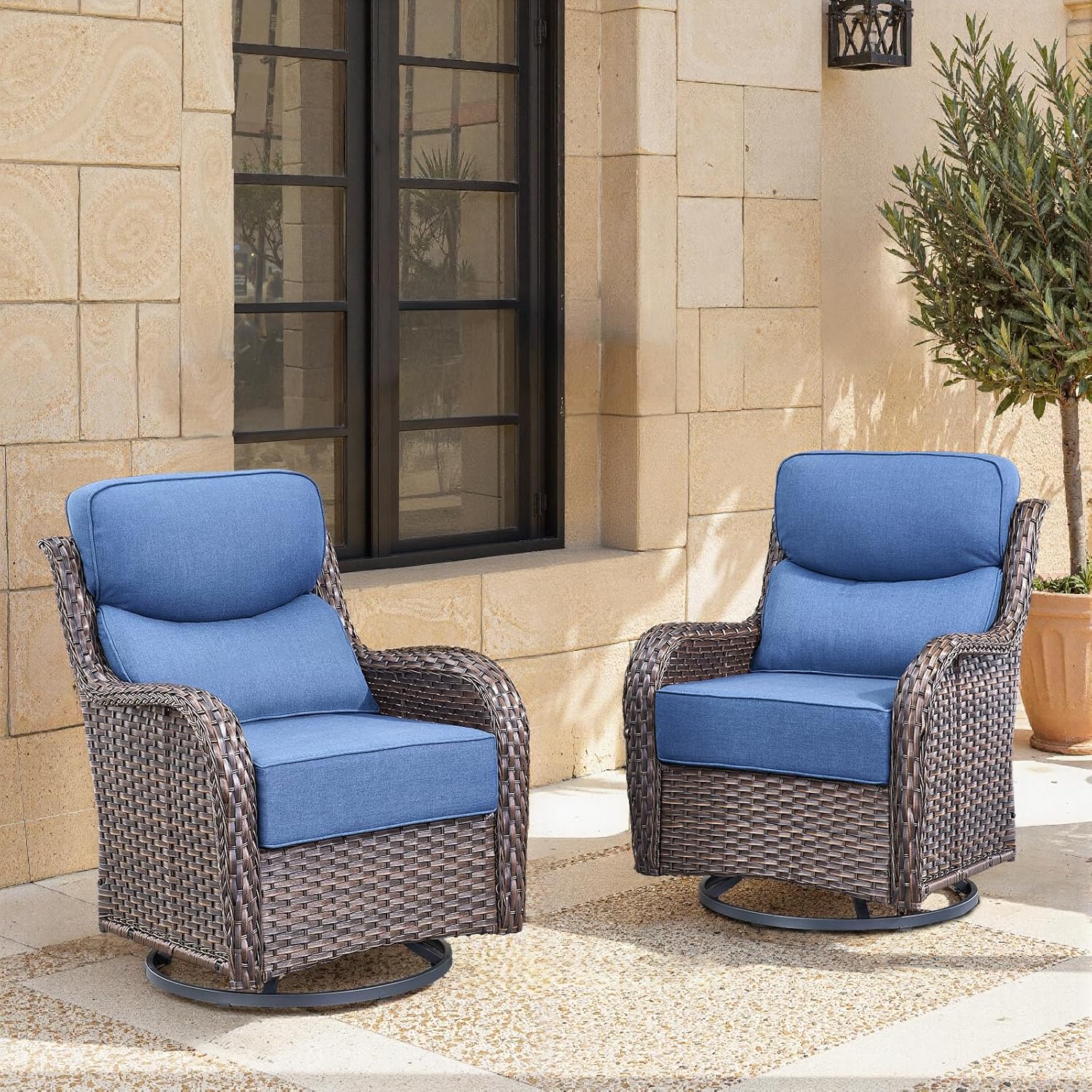 Swivel Patio Chairs Set of 2 with 6" Thick Cushion - Wicker Outdoor Swivel Rocker Patio Sets, High Back Comfortable Outdoor Glider Chairs - Brown Wicker | Blue Cushion
