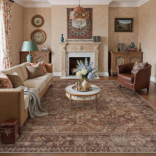 HUGEAR 8x10 Brick Red Vintage Floral Washable Area Rug for Living Room