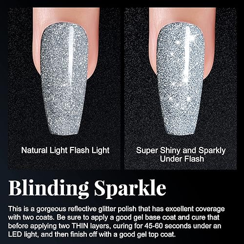 Miniatura 4 de gelike ec Esmalte de uñas de gel con purpurina reflectante, esmalte de uñas plateado brillante de 0.3 onzas líquidas, esmalte de uñas de gel