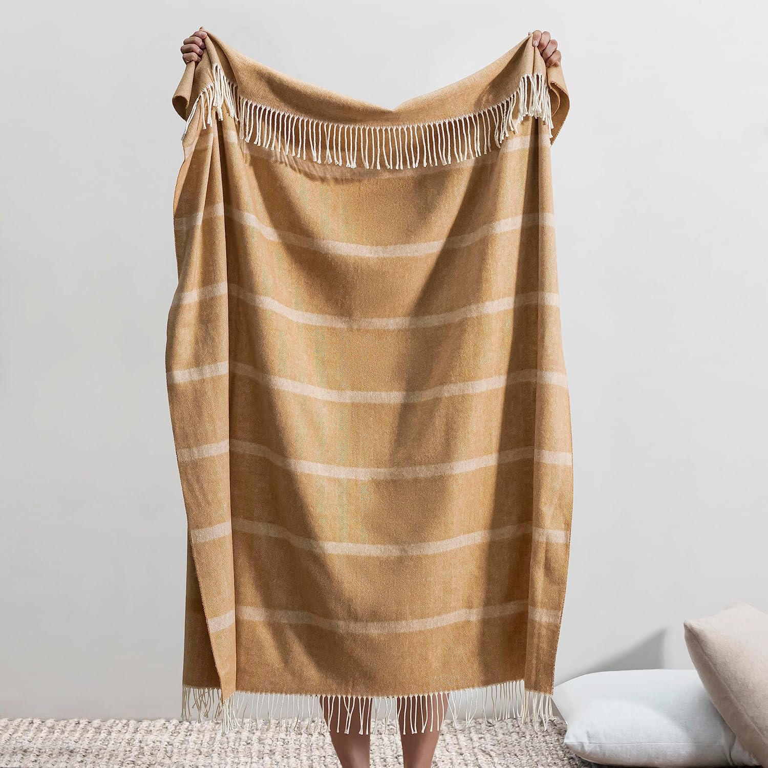 Lands Downunder All-Season, Luxury Caramel Montauk Stripe Herringbone Throw – Soft Woven Throw with Decorative Fringe – Made in Italy – 51”W x 67”L