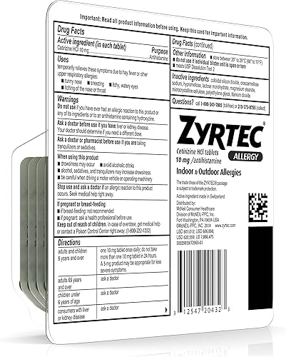 Miniatura 7 de Zyrtec Tabletas para aliviar la alergia las 24 horas, 10 mg de cetirizina HCl antihistamínico medicamento para la alergia, 14 unidades