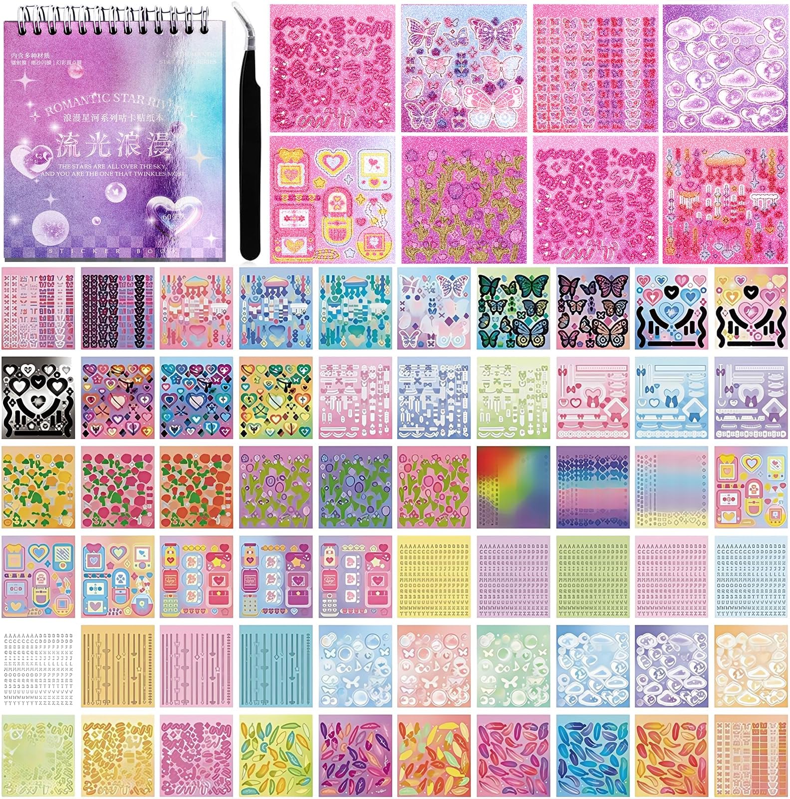 3500Pcs Korean Stickers for Kpop Photocards Decor Stickers Book Aesthetic Toploader Sticker Glitter Butterfly Sweetheart Ribbon Flower Alphabet Cute Scrapbook Sticker for DIY Card Art Crafts 60-Page