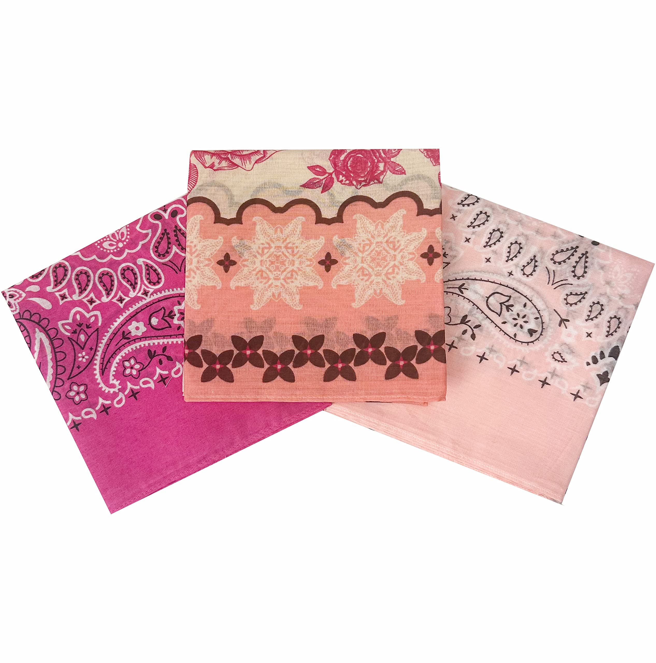 HankieWorld Bandanas for Women and Men?3 Pack Super Soft Thin 60s Preium Cotton 22 inch Handkerchiefs(3 Pack-Pink Flower)