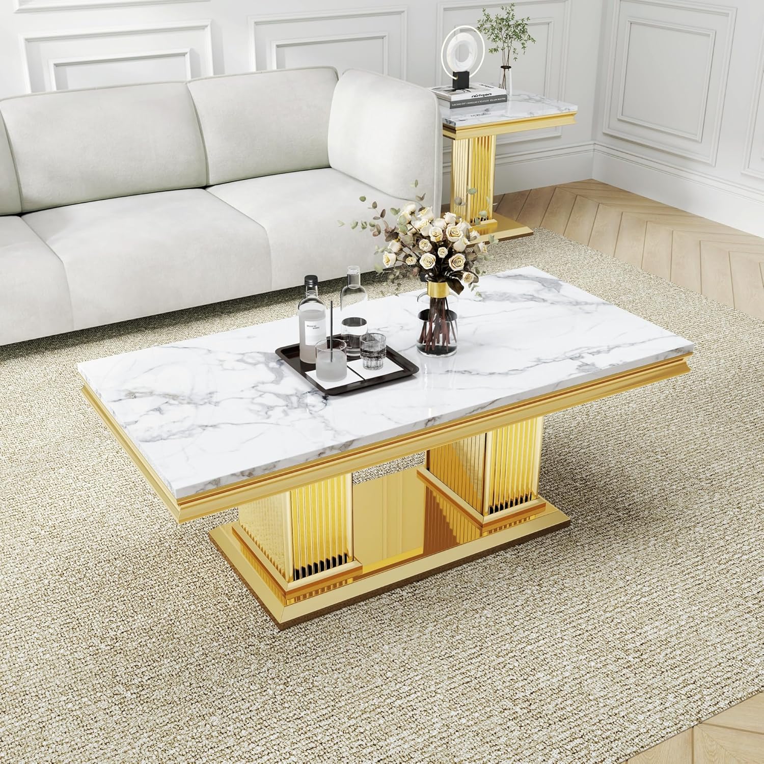 AF ARTISAN FURNITURE Luxury White Faux Marble Coffee Table Living Room Rectangular Tea Center Cocktail Tables with Stainless Steel Base for Living Room Simple Assembly, 46.85''D x 22.83''W X 17.72''H