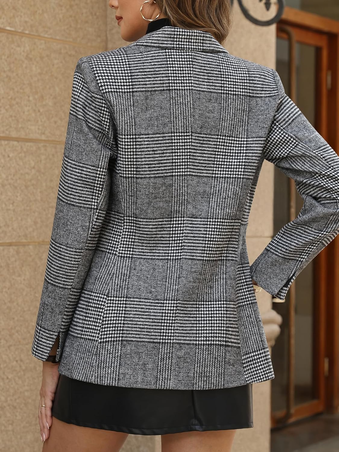 ELLEVEN Women's Houndstooth Plaid Tweed Blazer, Casual Trendy Double-Breasted Suit Jacket with Pockets Fully Lined - Image 3