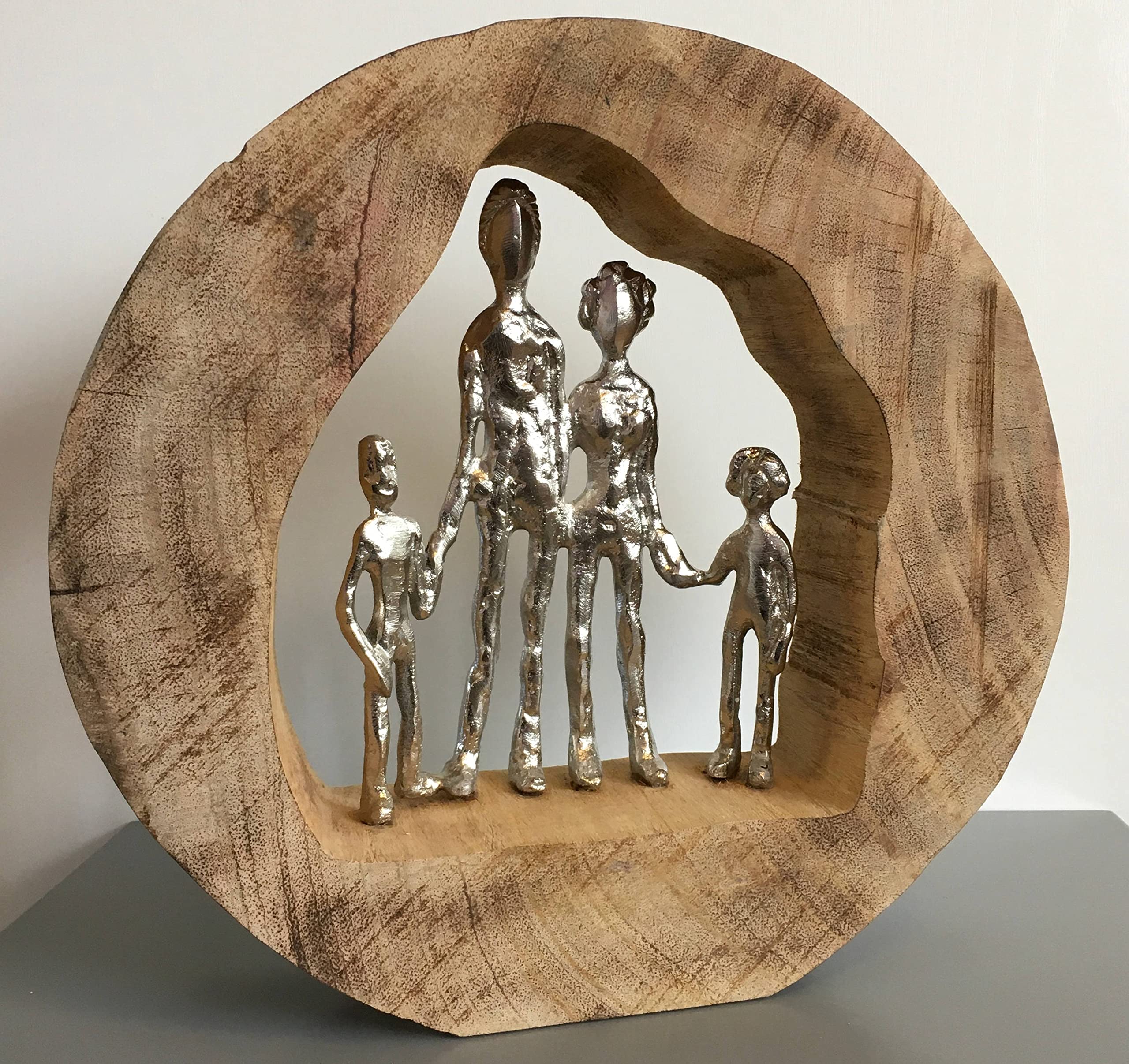 Moritz Skulptur Family Familie 4 Personen 28 cm Mangoholz – Dekofigur | Handgefertigtes Unikat aus Holz und Metall, Symbol für Geborgenheit, Geschenk zur Geburt, Hochzeit oder zum Muttertag