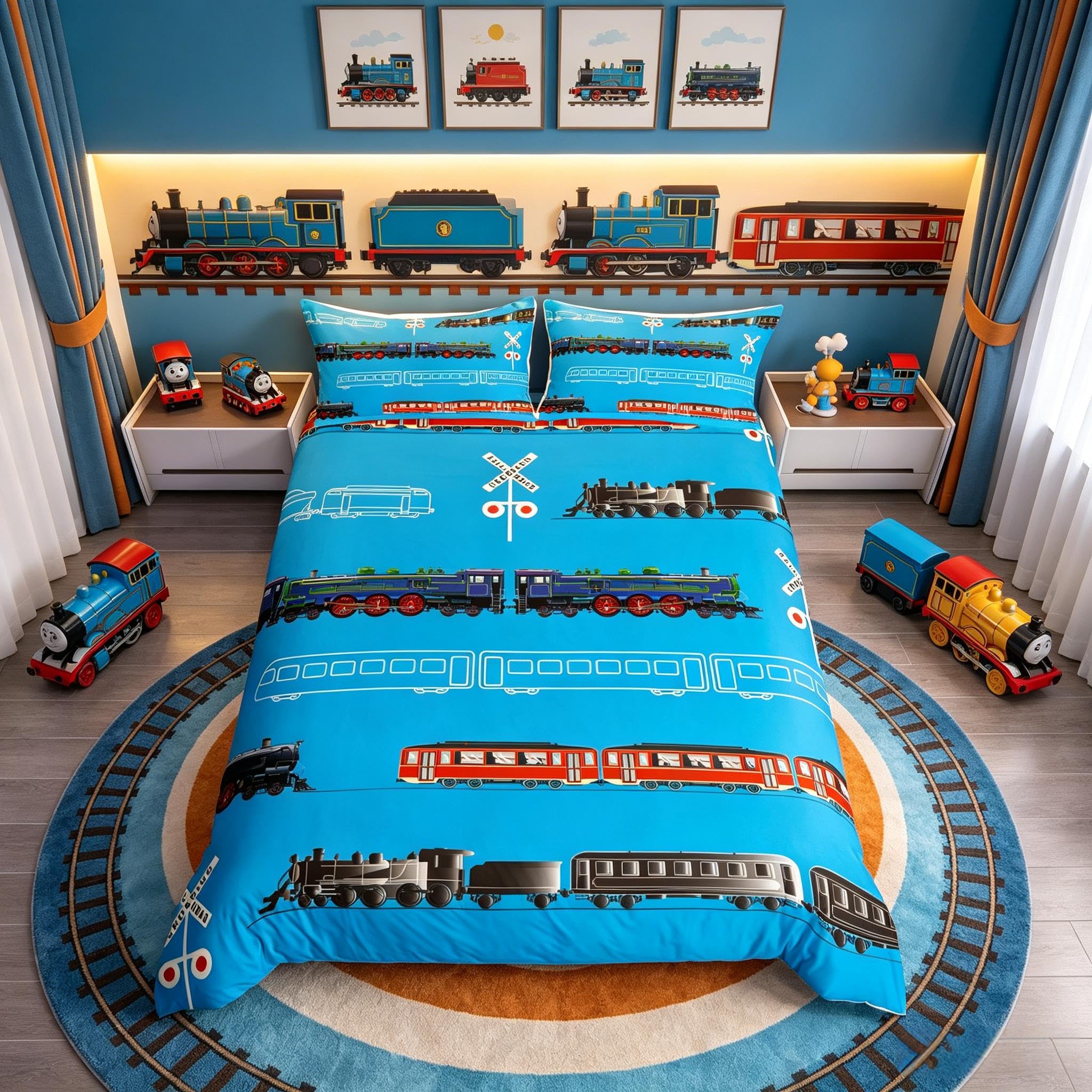 richhome Train Kids Boy Duvet Cover Set Retro Steam Machine Baby Bedding Set King Size Junior Rail Transport Comforter Cover Set Red Blue Black — image 1