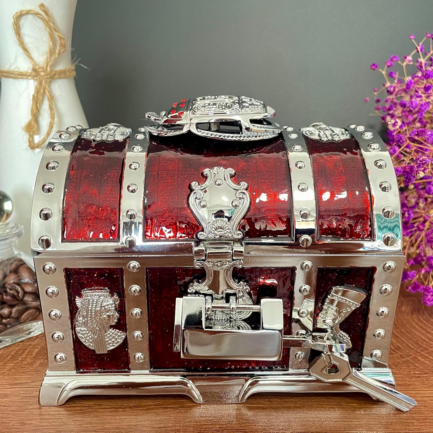 Retro Jewelry Box Arched Vintage Rectangular Metal Chest Necklace Ring Earrings Storage Case for Women Girls (Chrome Transparent Red, L Lock)