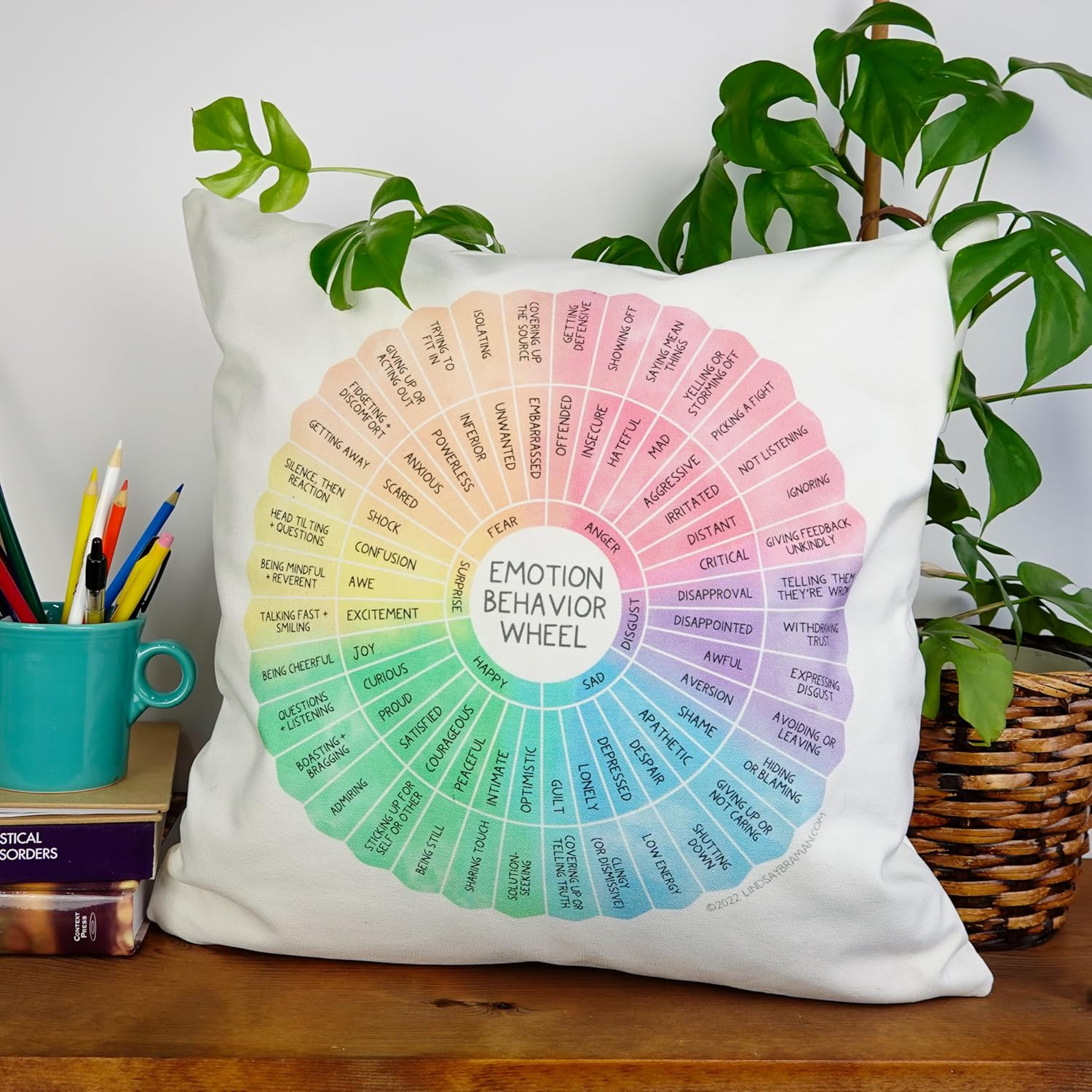 Emotion Behavior Feeling Wheel Throw Pillow Cover for Therapy Office, Home, or Classroom | Mindfulness Tool & Social Emotional Learning Resource