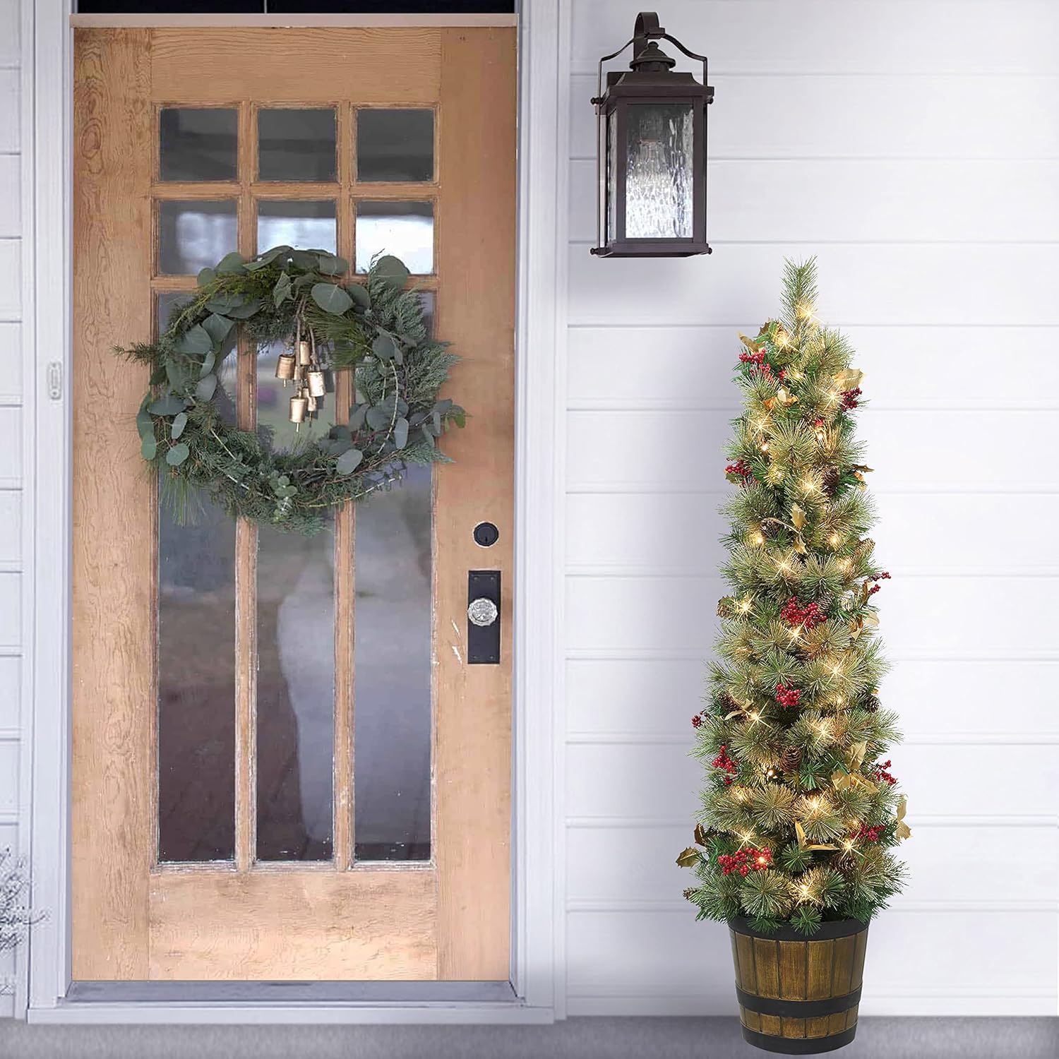 Puleo International 5 ft Pre-Lit Potted Glitter Artificial Tree 170 Tips 50 Clear Lights Barrel Base Adorned with Pine Cones and Red Berries