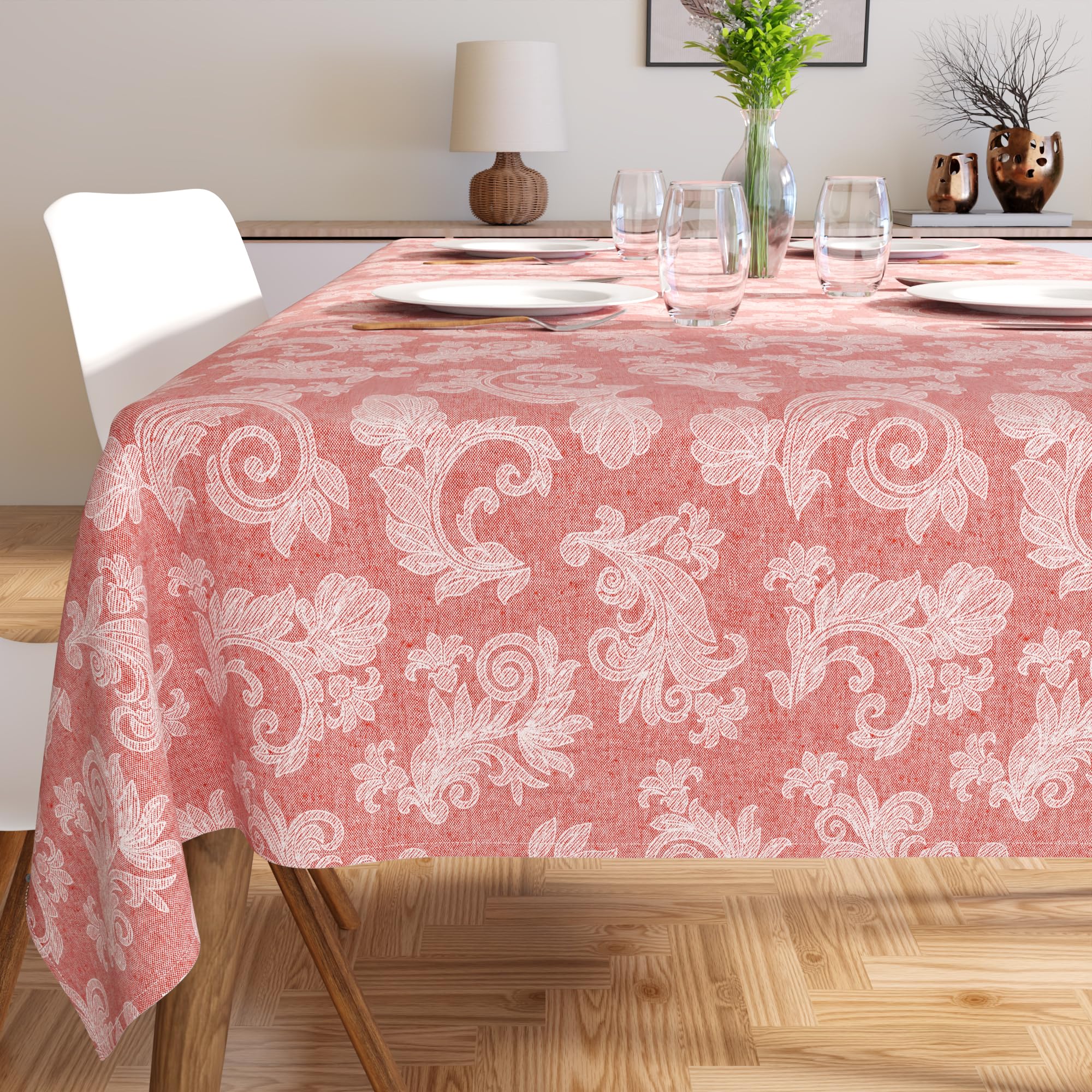 Encasa XO 4 to 6 Seater Dining Table Cloth 145x180 cm (57x72 in) I Floral Red Jacquard Style Print on Chambray Homespun Cotton I for Family Gatherings Parties I Washable - Image 3