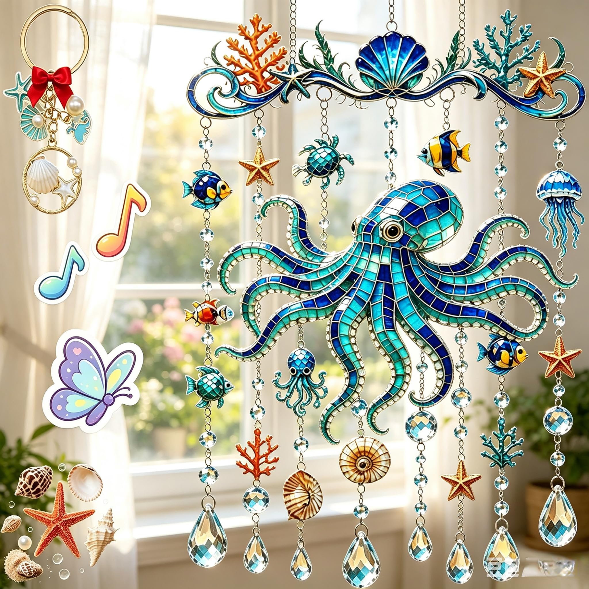 Hanging Ocean Themed Crystal Wind Chime, Stained Acrylic Turtle Wind Chimes