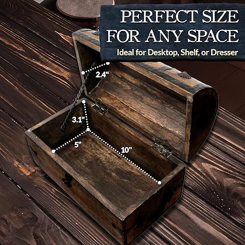 Miniatura 4 de Nautical Cove - Cofre del tesoro pirata con cerradura de hierro y llave de esqueleto, caja de almacenamiento de madera y decorativa (M, 11 x 6 x