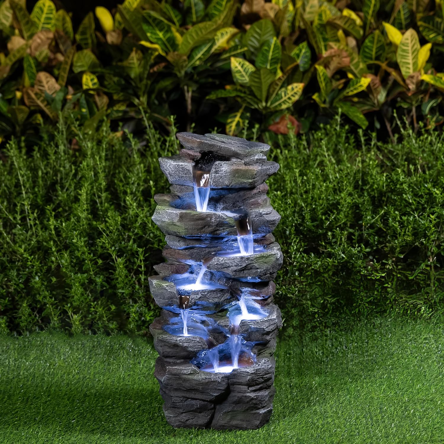 23.62" H Compact Rock Cascading Water Fountain with LED Lights, 6-Tier Outdoor Weather-Resistant Resin Waterfall Feature, Realistic Stone Fountain for Tabletop Small Patio Balcony Porch Home Decor