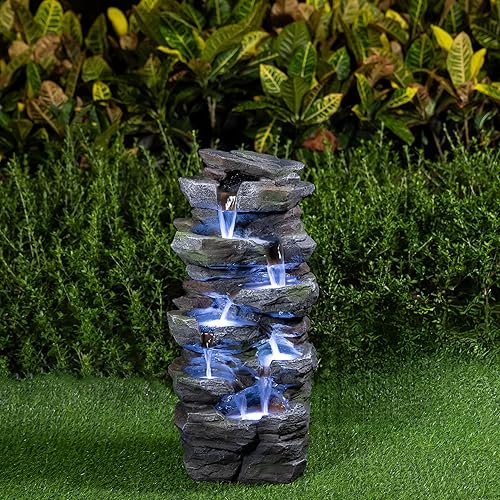 Rock Waterfall Outdoor Fountain with LED Lights Stone Garden Fountains Outdoor Décor for Patio Lawn Backyard Cascading Tiered Outdoor Water Fountain