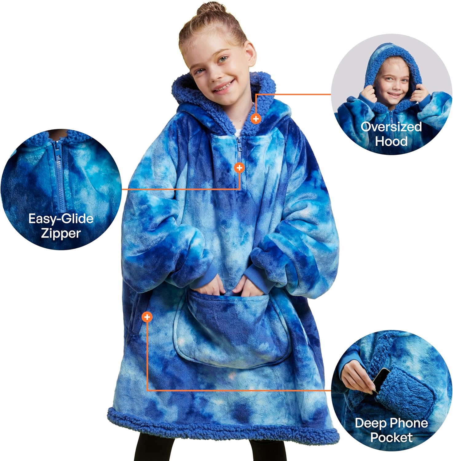Giggling Getup Wearable Blanket Hoodie for Girls and Boys Warm Cozy Sherpa Fleece Hooded Blanket Sweatshirt Oversized Hoodie with Giant Pocket & Sleeves for Kids Dark Blue Tie Dye - Image 3