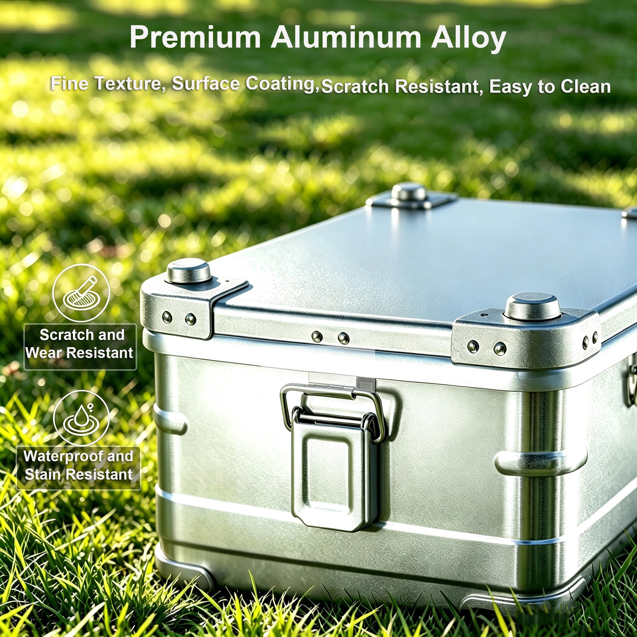 Cassone portaoggetti in alluminio campeggio, contenitore impilabile 30L | Chiusura impermeabile per uso interno ed esterno; comodo da trasportare per campeggio, viaggi e uso domestico.