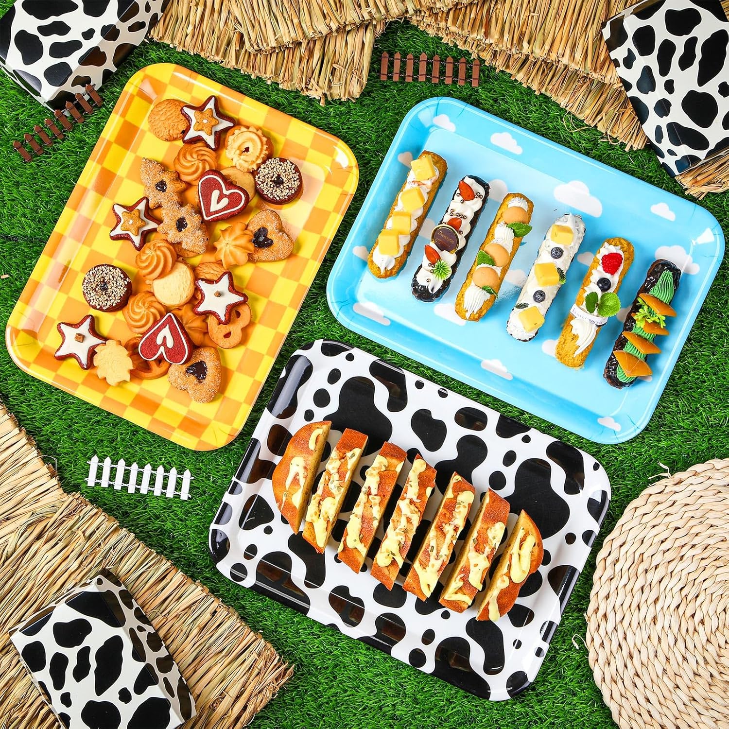 Zubebe 3 Pcs 13 x 10 Inch Sky White Clouds Birthday Party Supplies, Toy Inspire Game Trays Rectangle Serving Platter Cow Print Checkered Food Platter