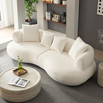 WILLIAMSPACE 102 Sectional Curved Sofa Couch for Living Room, Modern Luxury Cloud 4-Seat Boucle Sofa with Throw Pillows, Upholstered Curved Couch for Apartment (Cream White)