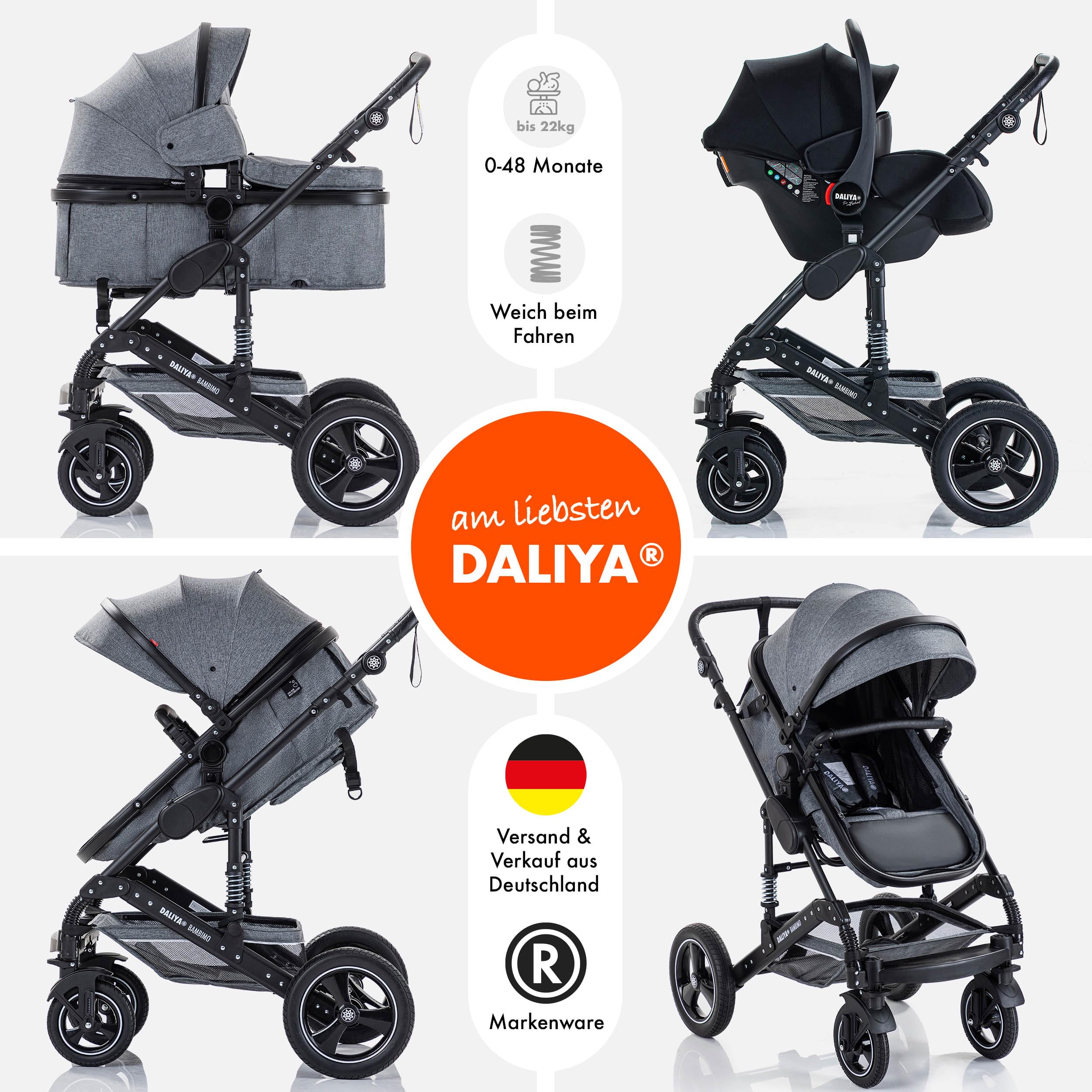 Daliya BAMBIMO 3in1 Kinderwagen & Buggy Set mit i-Size Babyschale ECE R129 Kombikinderwagen ab Geburt bis 22 kg pannensichere Räder Federung höhenverstellbar Dunkelgrau Rahmen Schwarz