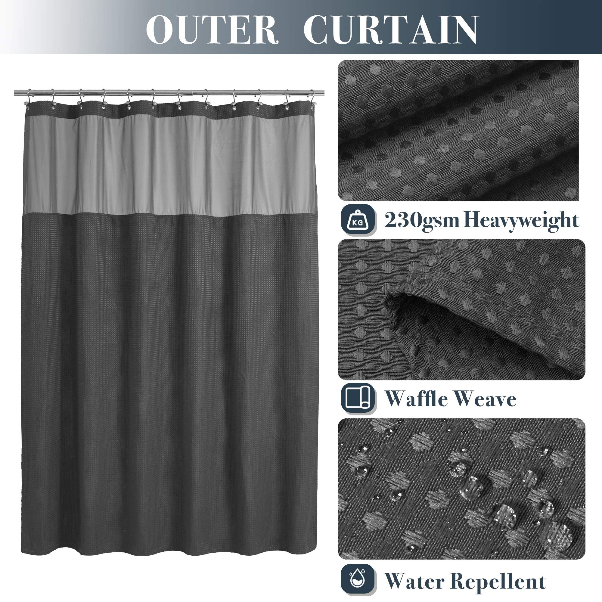N&Y HOME Waffle Weave Shower Curtain with Snap-in Fabric Liner Set, 12 Hooks Included, Hotel Style - Image 2