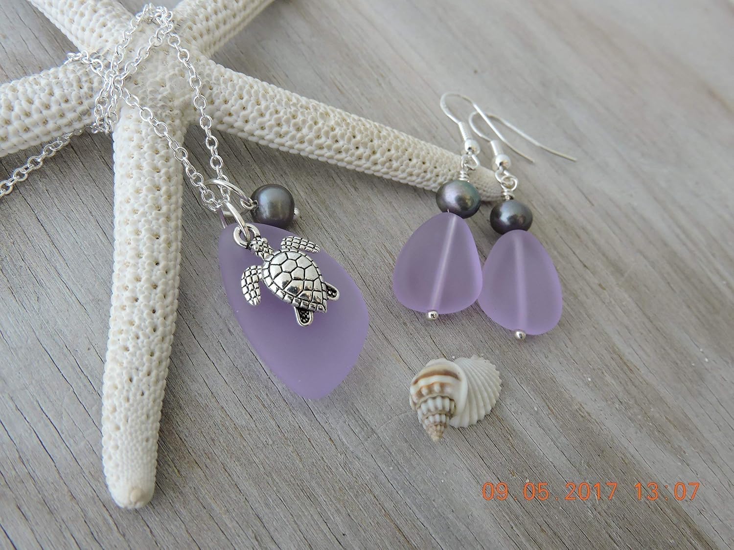 Handmade Magical Color Changing purple sea glass Necklace+Earrings Set, Natural pearl, turtle charm, February Birthstone, (Hawaii Gift Wrapped)