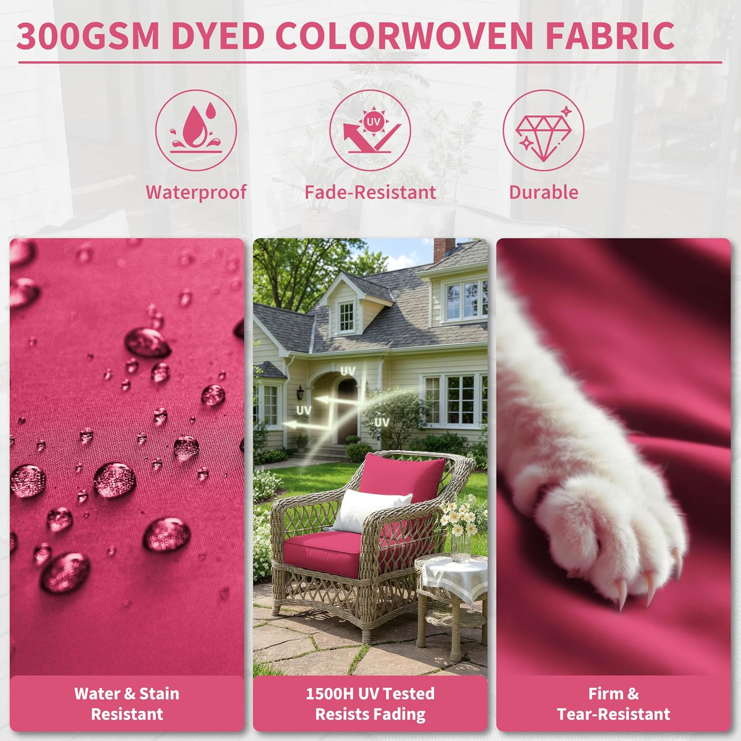 Outdoor Chair Cushions Set,Patio Furniture Cushions with Removable Cover,Waterproof & Fade-Resistant Deep Seat and Backrest Cushion Replacement for Sofa,24x24x5 inch,Pink