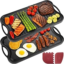 Homiu Cast Iron Griddle Pan | Oven Safe, Ceramic, Gas Hob, Induction & Indoor Outdoor Cooking | Pre-Seasoned Reversible Non-Stick BBQ Grill | Ridged & Flat with Handles & Scrapers 50.5 x 26cm
