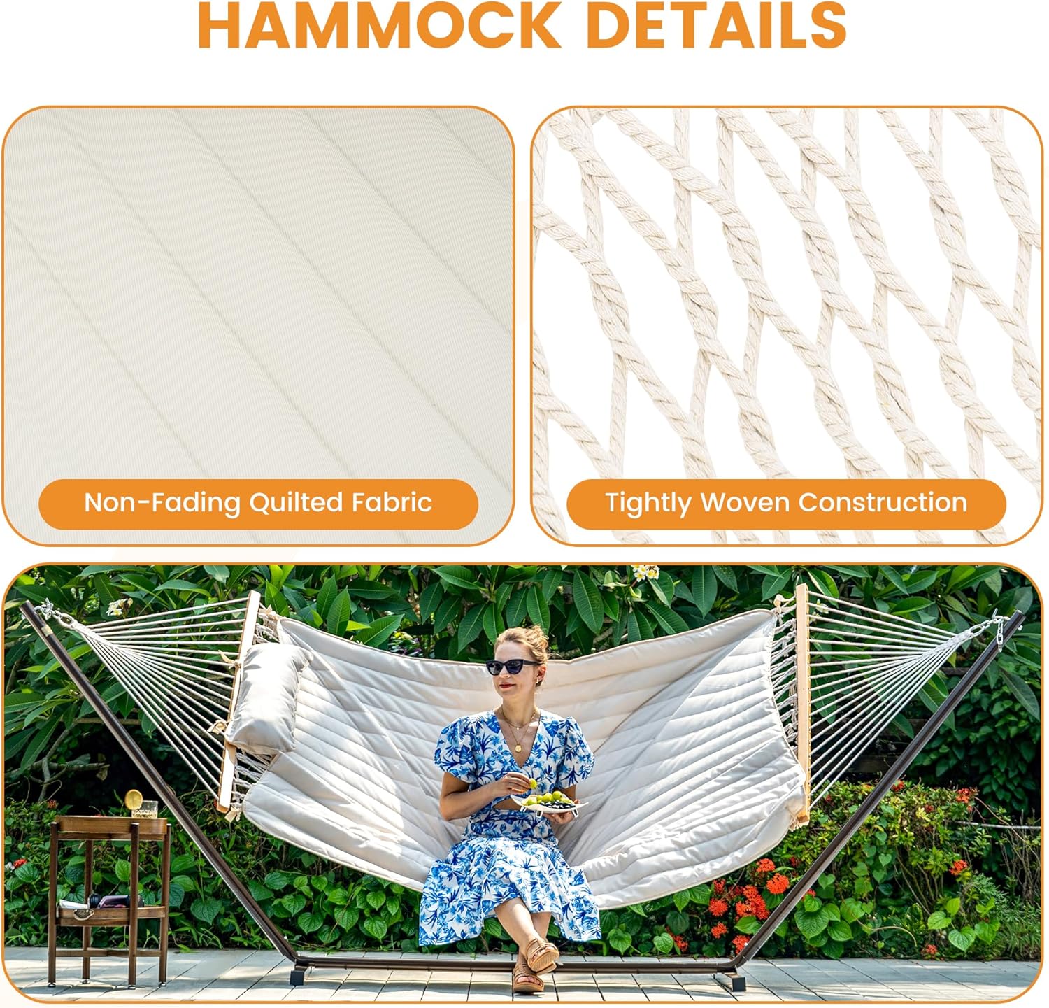 Lazy Daze Hammocks Rope Hammock with Pad, Spreader Bar, Carabiners, Tree Straps, Chains for Outside Patio- Max 450 Lbs, Cream