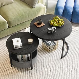 Couchtisch Rund, 2er Set Sofa Couchtisch Industrial Style, verschachtelte Beistelltische aus Metall und Holz, Vintage Sofa Tisches, Metall Satztisch Aufbewahrungstasche aus Stoff Schwarz