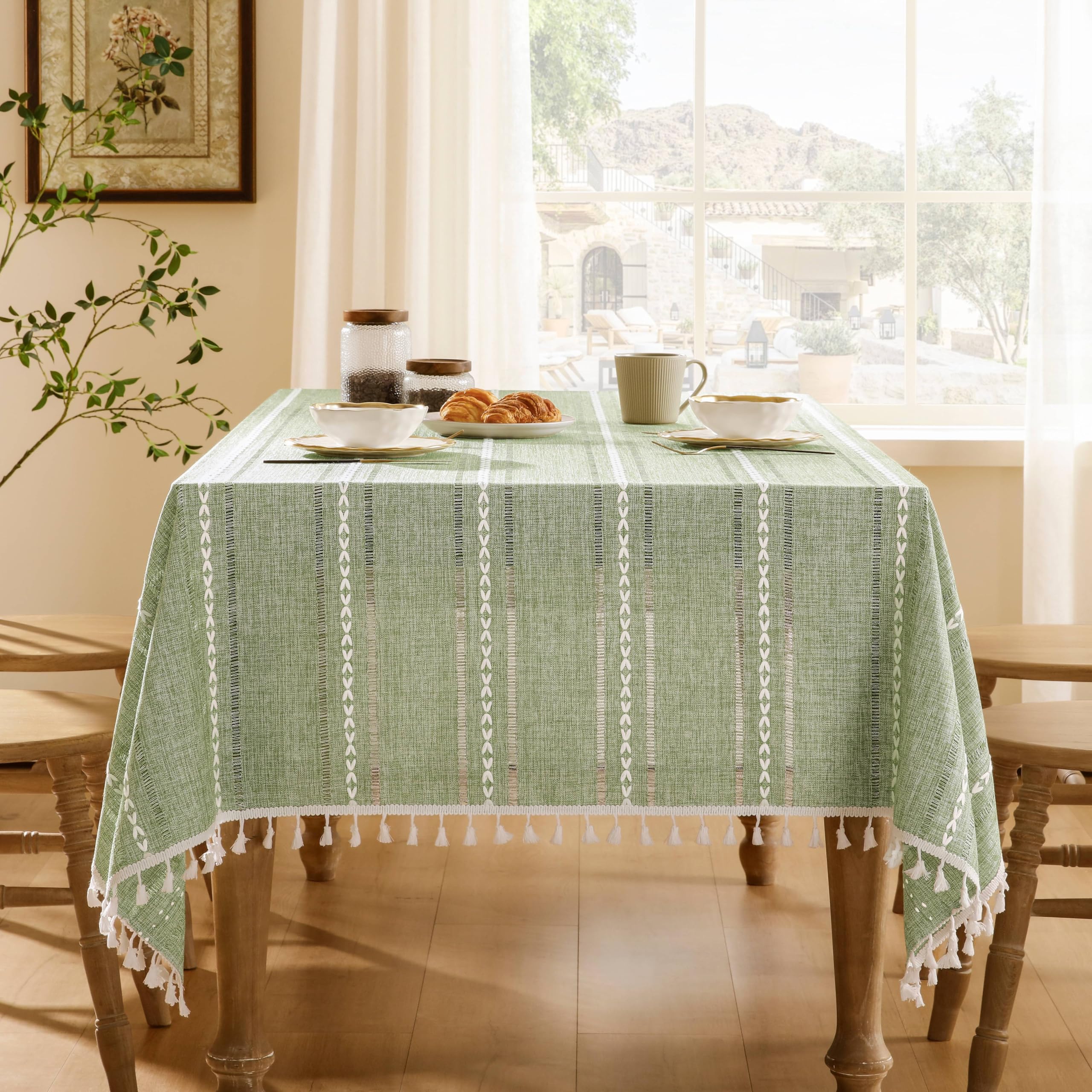 ZeeMart Hemstitched Embroidery Striped Boho Tablecloth 60x60 Inch Sage Green, Heavy Weight Farmhouse Burlap Linen Sage Green Tablecloth, Wrinkle