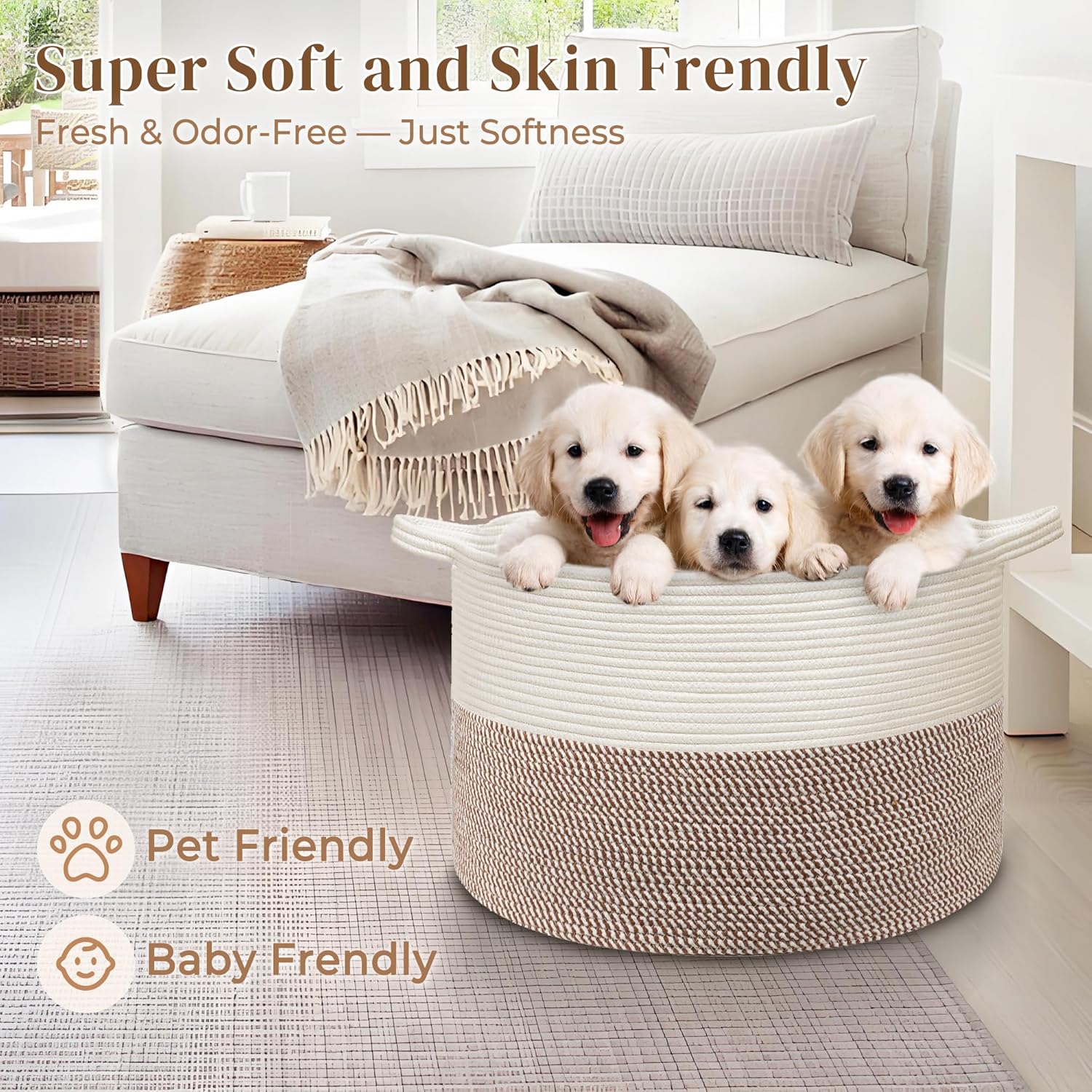 Extra Large Cotton Rope Basket, Woven Baskets for Storage in Living Room, Baby Dog Toy Basket with Handles for Laundry Bathroom Nursery Pillows Cushions for Organizing, 22"x14"