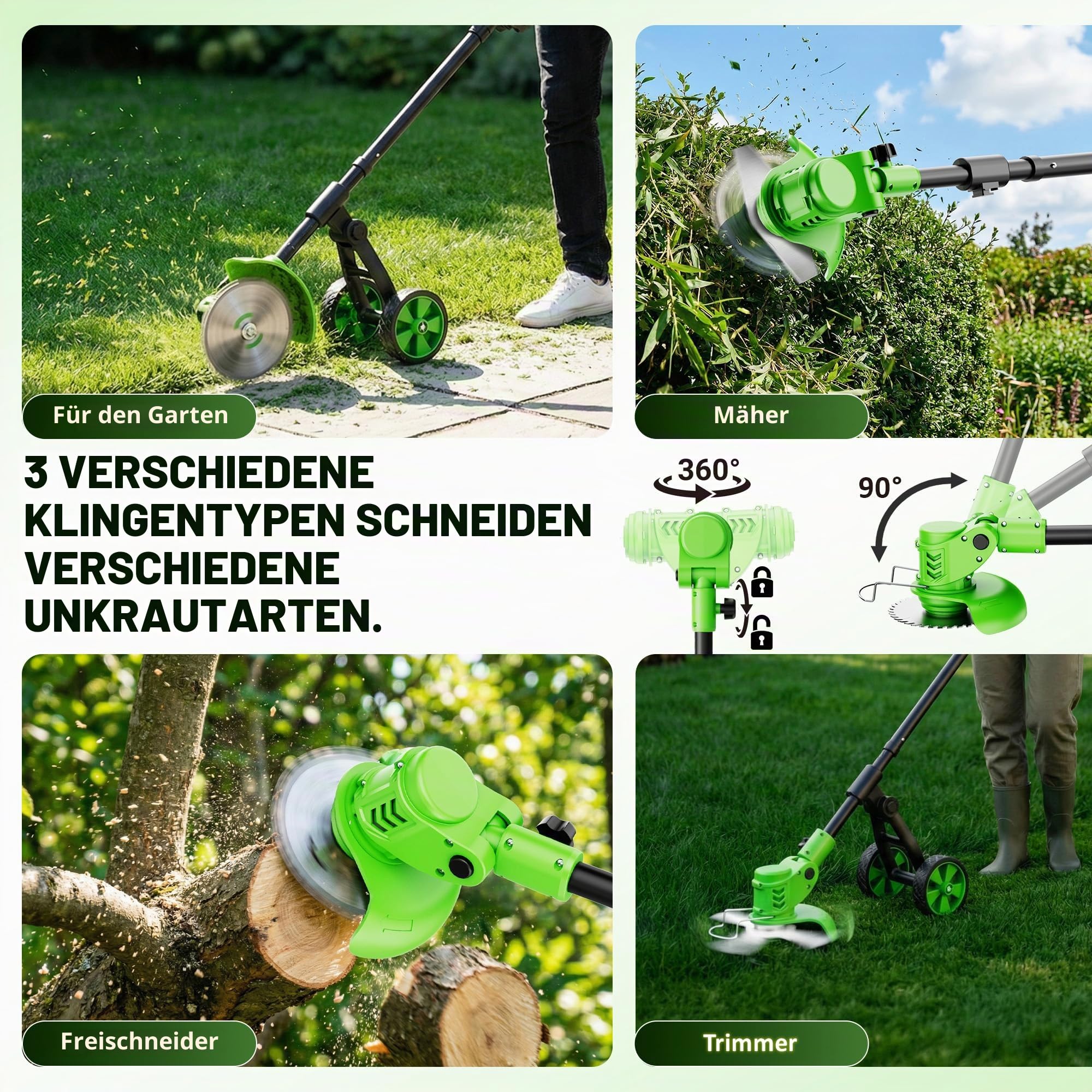 4-in-1 Rasentrimmer mit Akku 21V, Freischneider und Rasenkantenschneider mit Hilfsrad, 2 Akkus und Ladegerät, 4 Klingentypen, 90°Drehkopf, Teleslopstiel, Gartengerät für Rasen, Gärten