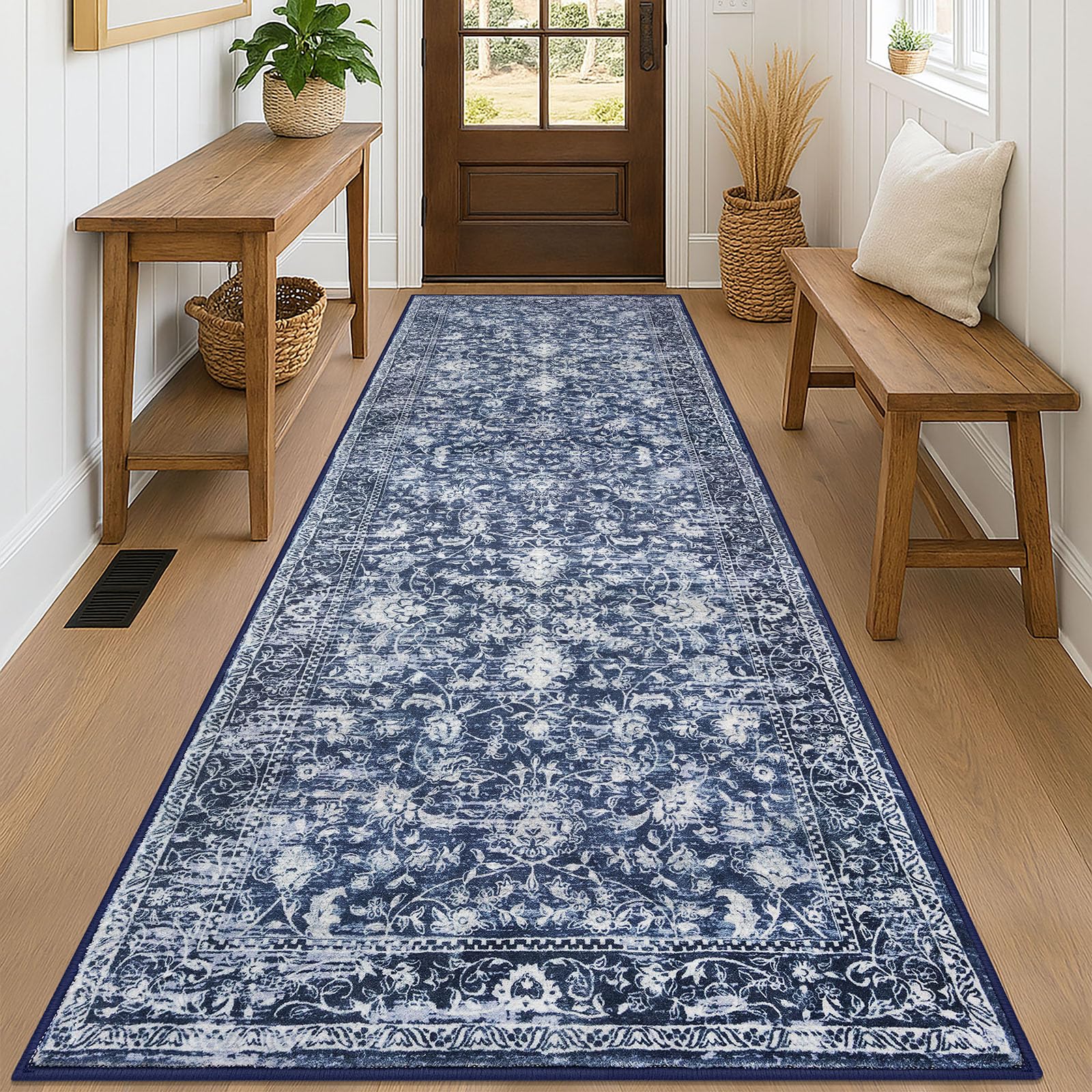 KILOCOCO Hallway Runner 3x8 Rug Runner Printed Vintage Floral Washable Kitchen Runners Non-Slip Rubber Backed Runners for Hallways Laundry Room