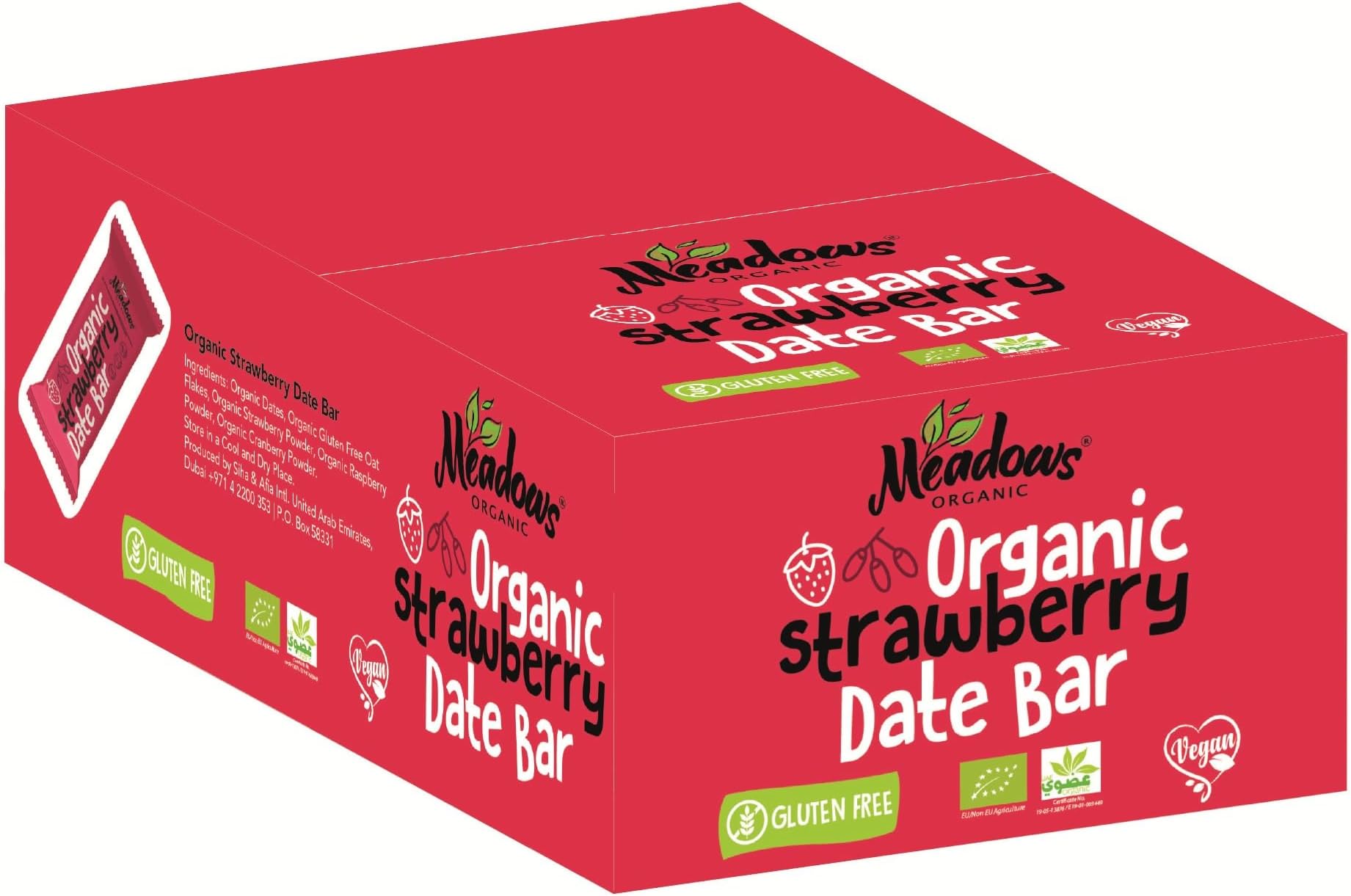 Meadows Organic Gluten Free & Vegan Strawberry Date Bar 960g (Box of 24 Individually Wrapped Bars) - A Healthy Guilt-free Snacking Option With A Good Source of Fiber