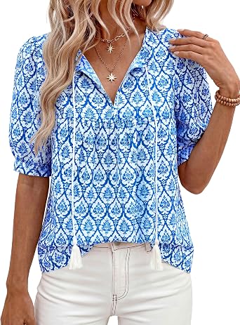 PRETTYGARDEN Womens Summer Boho Tops 2026 Tie Front V Neck Print Loose Fit Short Sleeve Peasant Blouses Vacation Outfits