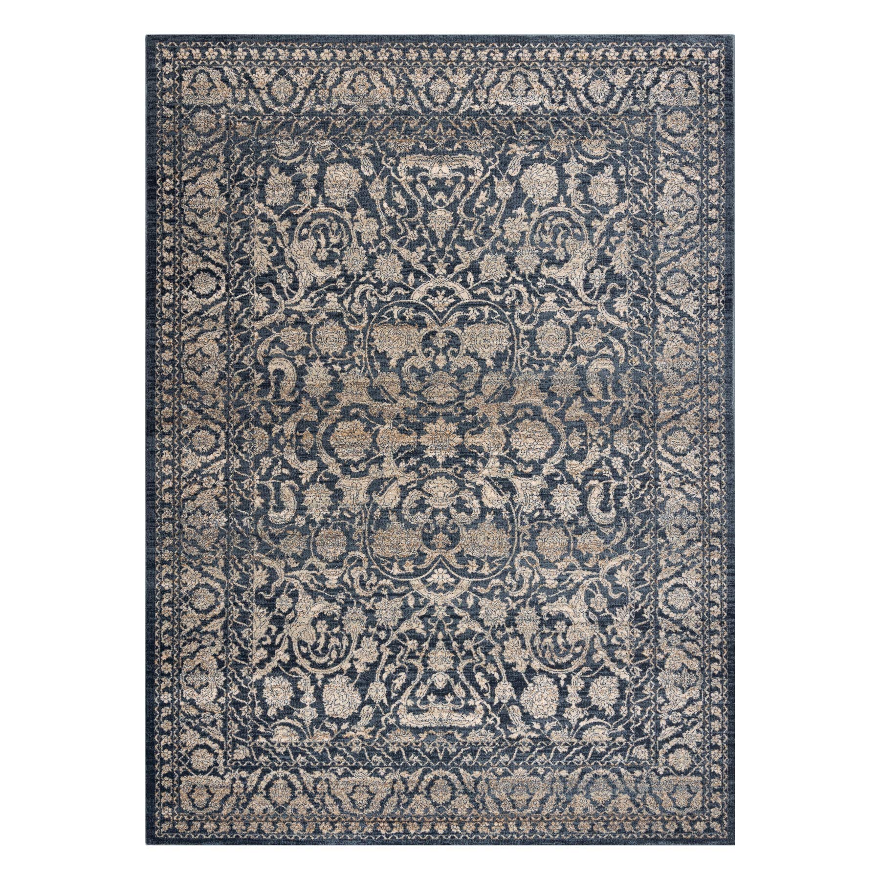 Teppich Wolle NAIN für Wohnzimmer Schlafzimmer beige/dunkelblau 80x150 cm